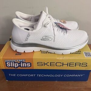 Skechers White and Silver Slip-On Women’s Shoes